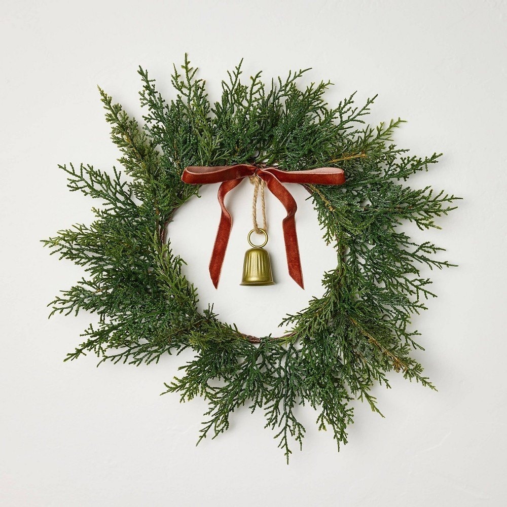 12" Mini Cypress Brass Bell/Red Ribbon Christmas Wreath - Hearth & Hand Magnolia